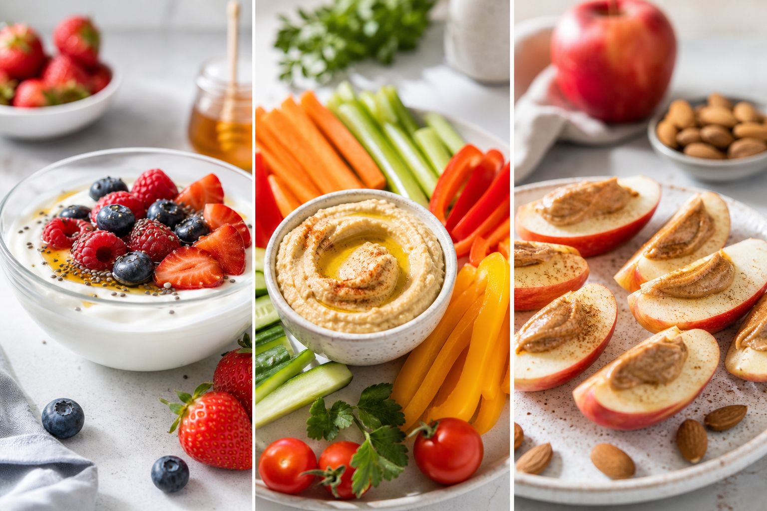 Healthy snack options: yogurt with berries, vegetables with hummus, and apple slices with nut butter