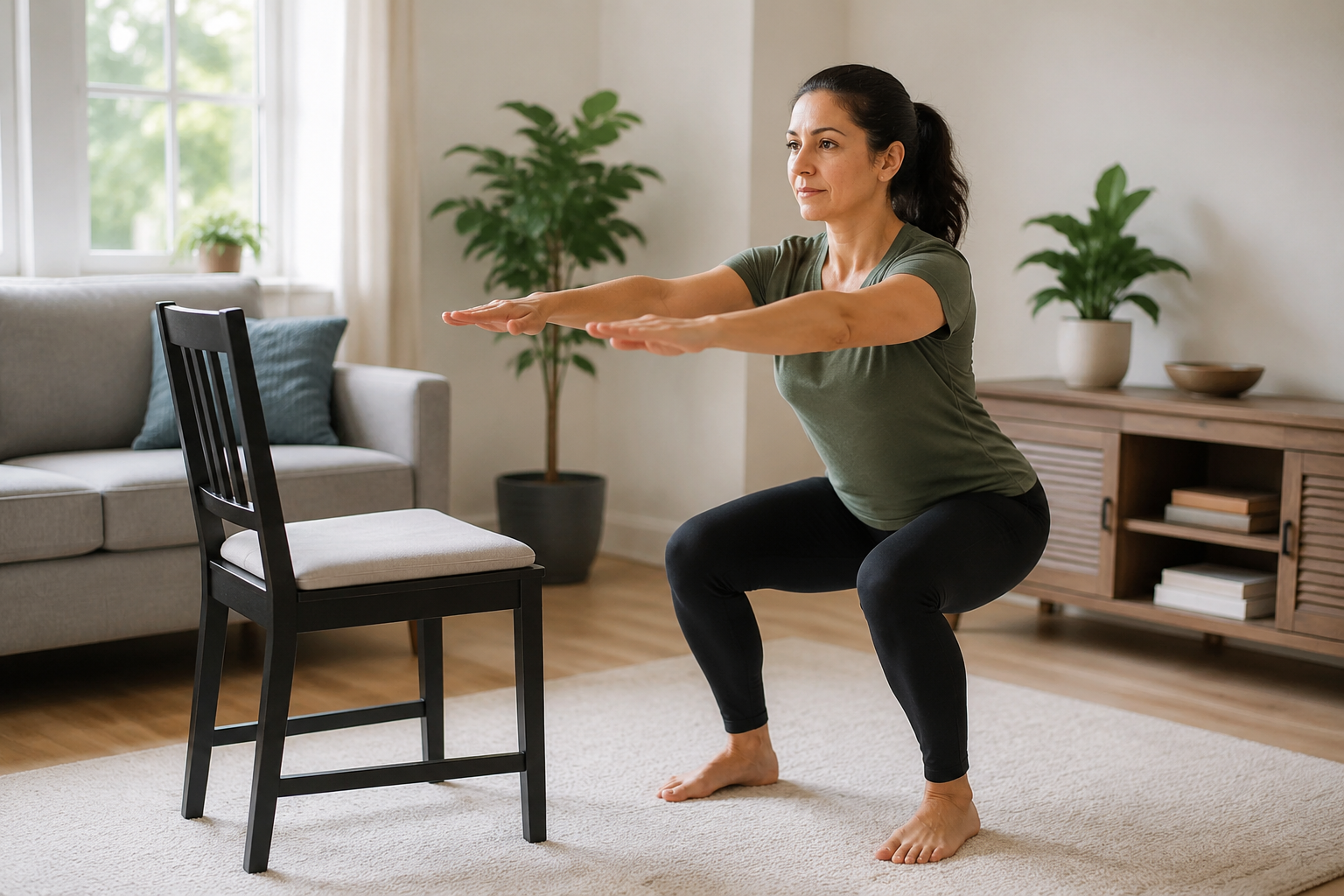 Adult beginner performing a supported bodyweight squat beside a chair at home
