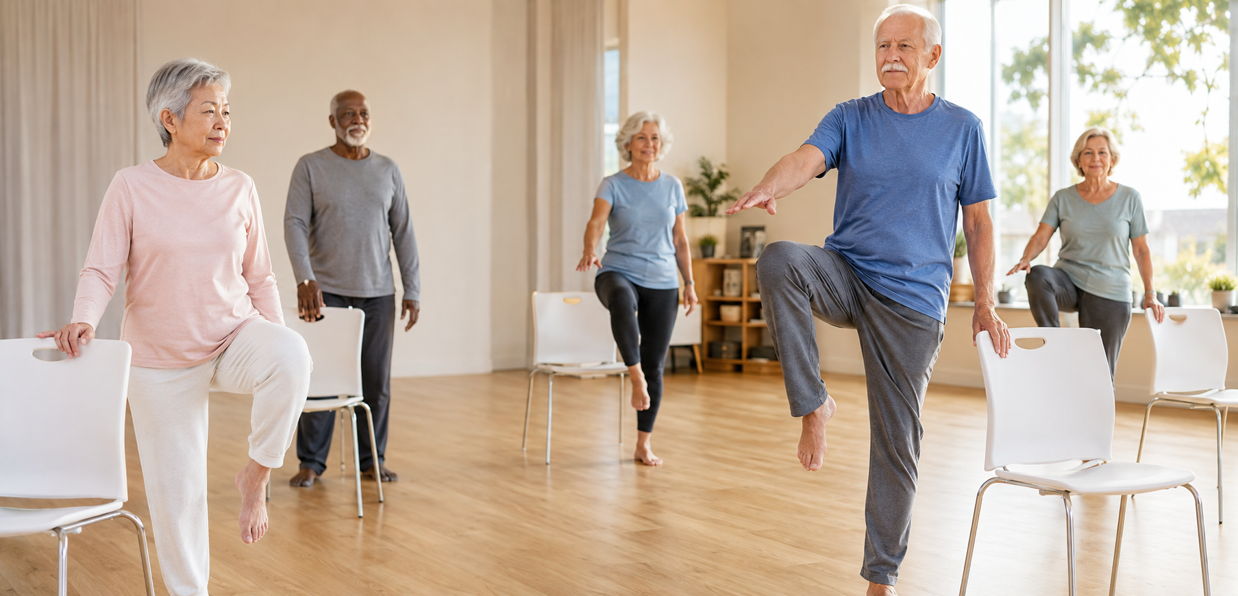 Older adults practising safe balance and strength exercises