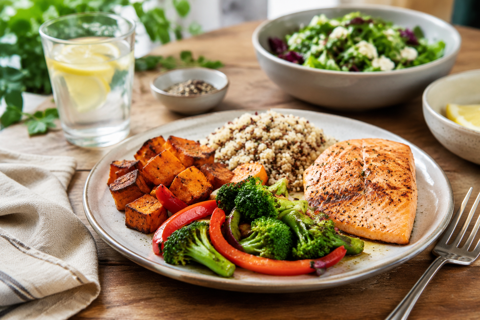 Balanced home meal with vegetables, whole grains and a protein food