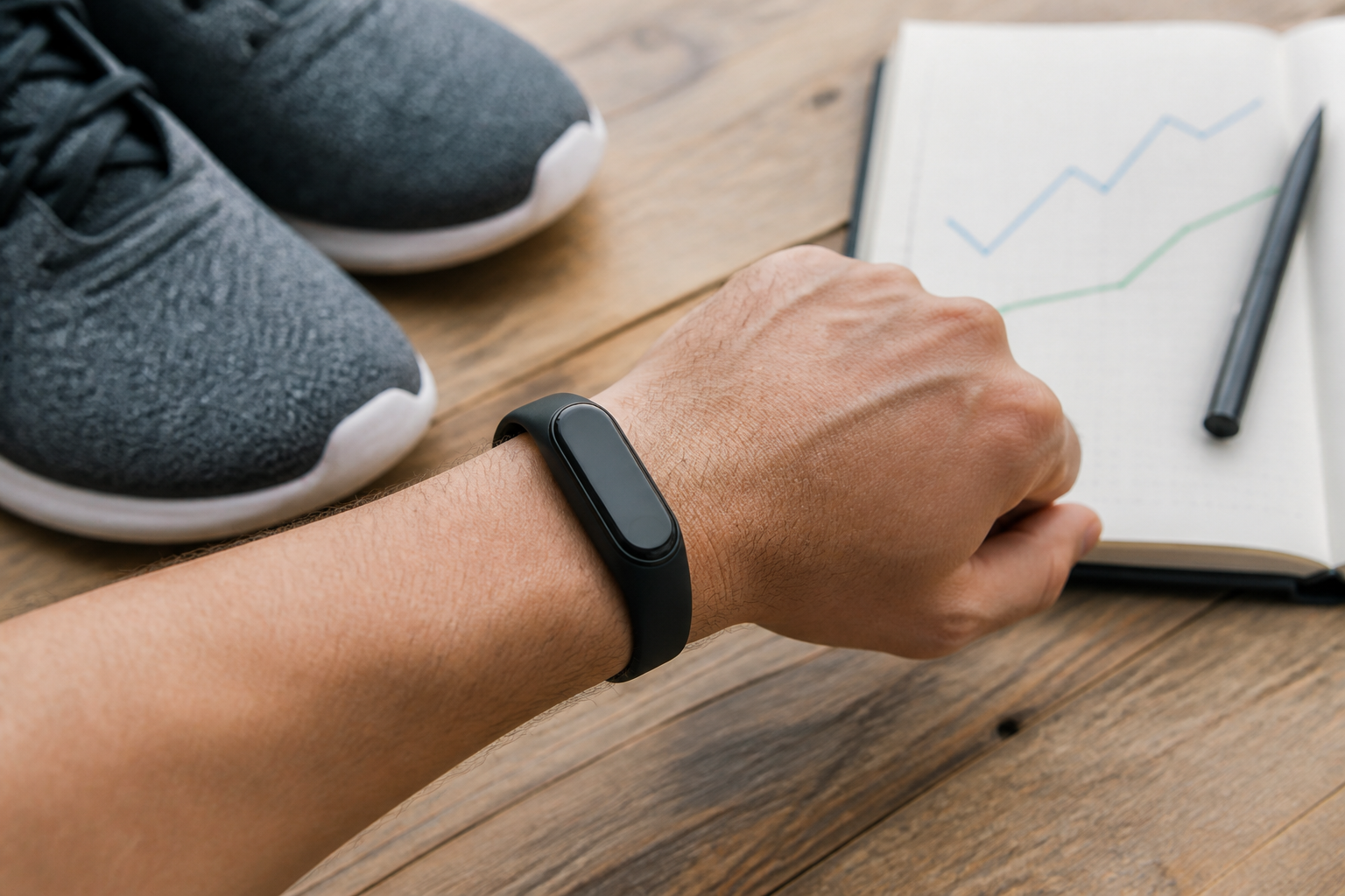 Fitness trackers 2026: person wearing a fitness tracker beside running shoes and a notebook with trend lines