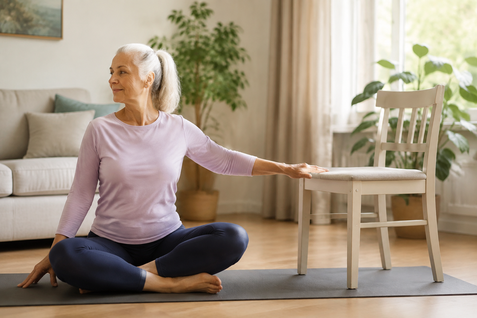 Standing Pilates Benefits: Balance, Strength and Posture for Beginners 1 Beginner practising a gentle seated yoga stretch at home with a chair nearby