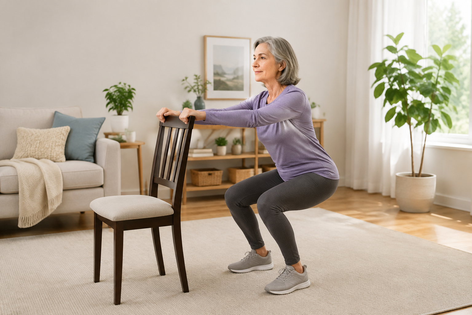 Adult doing a supported bodyweight squat beside a chair for beginner strength training at home
