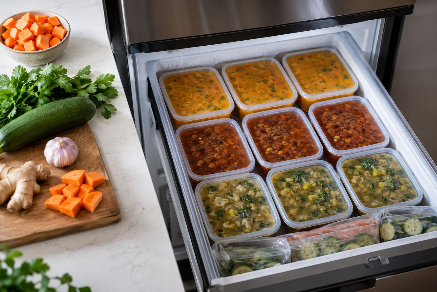 Freezer Meal Prep Ideas: 5 Easy Backup Meals Organised freezer drawer with reusable containers of home-cooked soups, chilli and curry