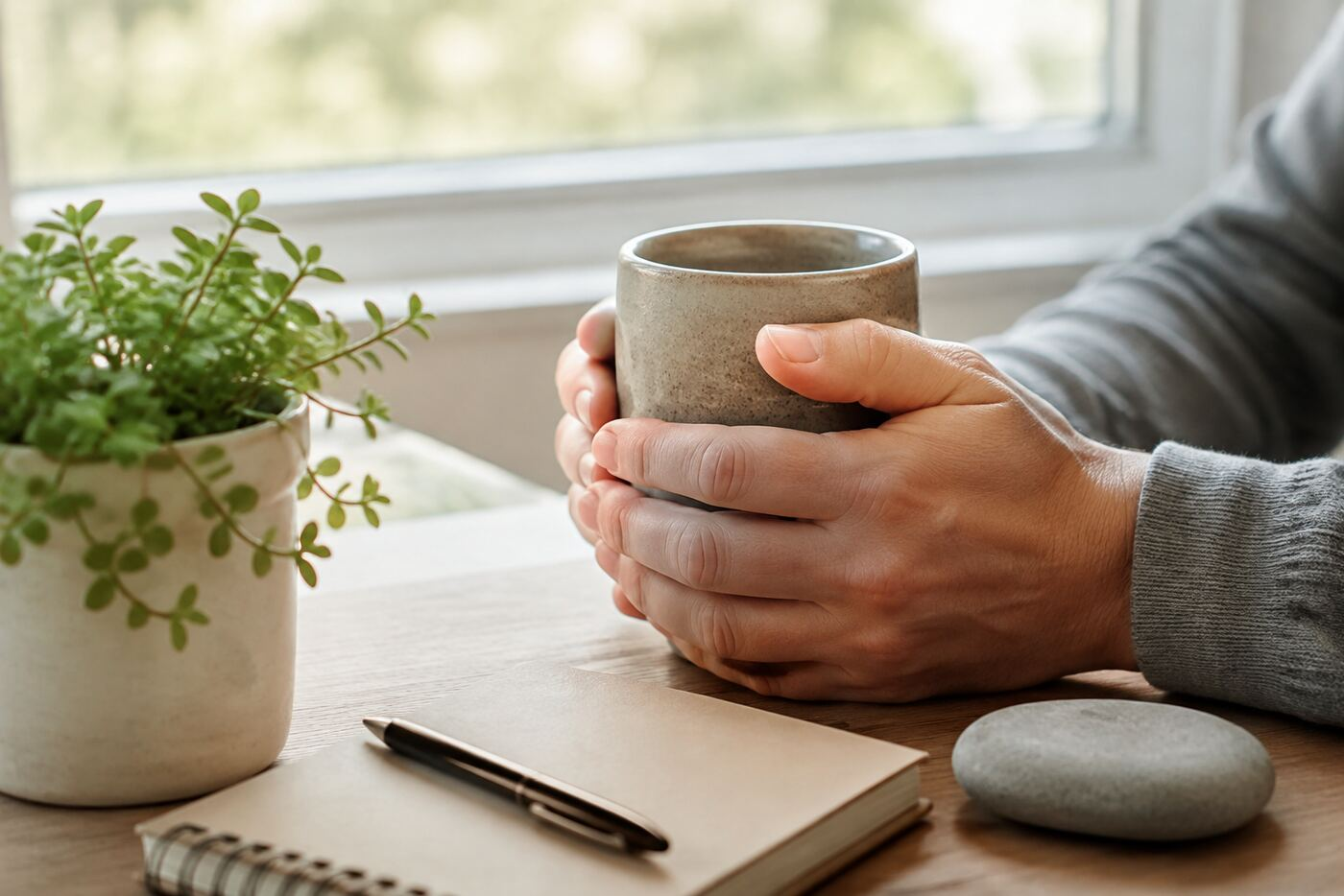 Grounding Techniques for Anxiety: 5-4-3-2-1 Guide Hands holding a warm mug beside a houseplant and notebook during a grounding pause