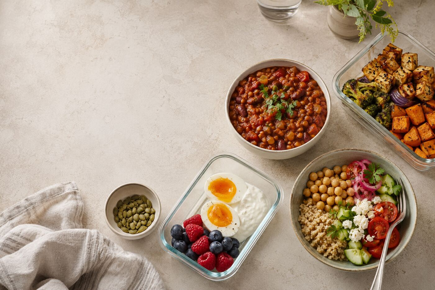 High-Protein Meal Prep Ideas: A Flexible Beginner Guide High-protein meal prep with lentil chilli, tofu, eggs, yoghurt and chickpeas