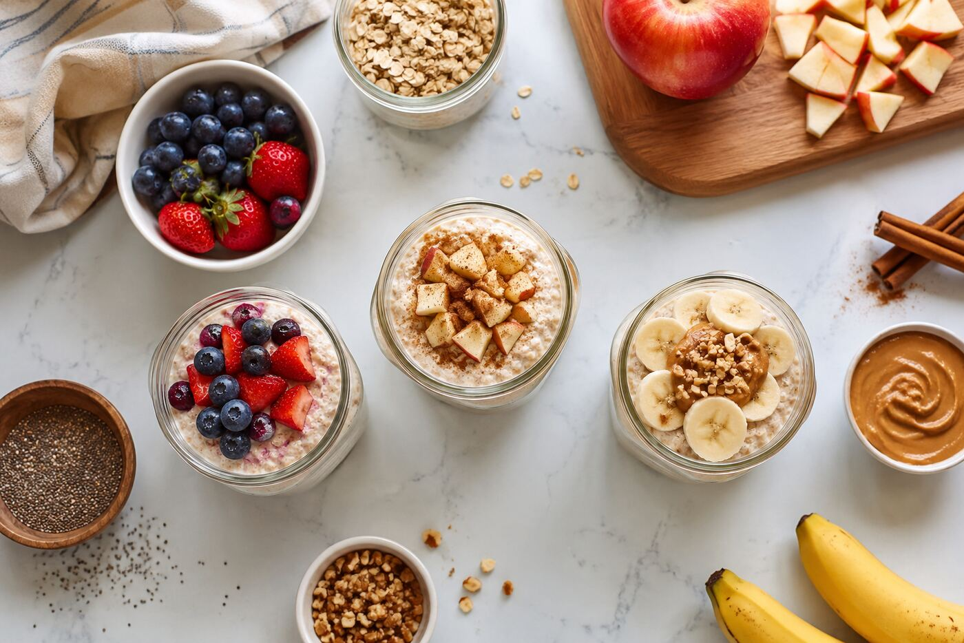 Overnight Oats Meal Prep: 5 Easy Ideas Three jars of overnight oats with berries, apple cinnamon and banana toppings