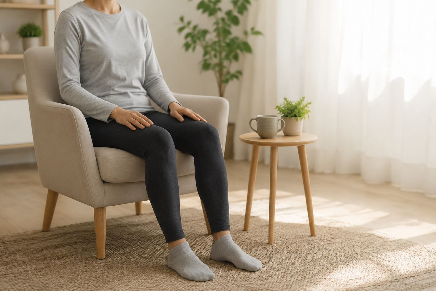 Adult seated calmly in a bright living room during a progressive muscle relaxation practice