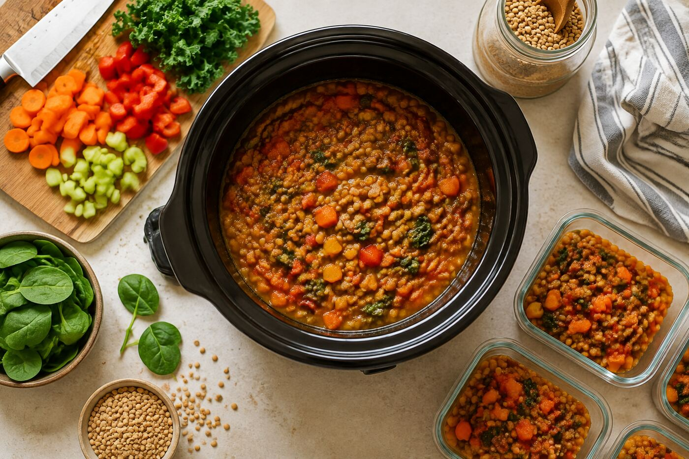 Slow cooker lentil and vegetable stew with meal prep containers and fresh ingredients