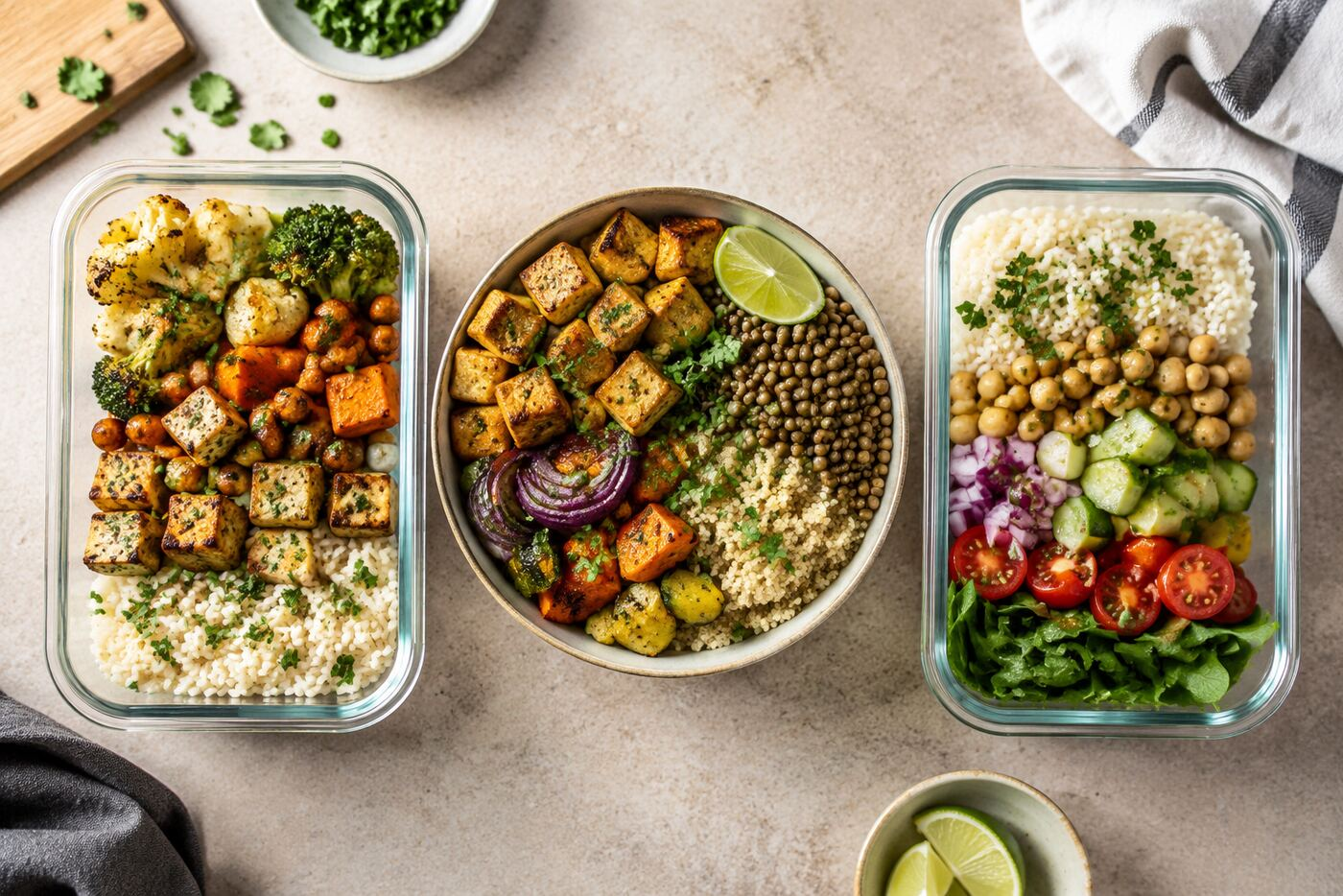 Colourful vegan meal prep bowls with tofu, chickpeas, lentils and roasted vegetables
