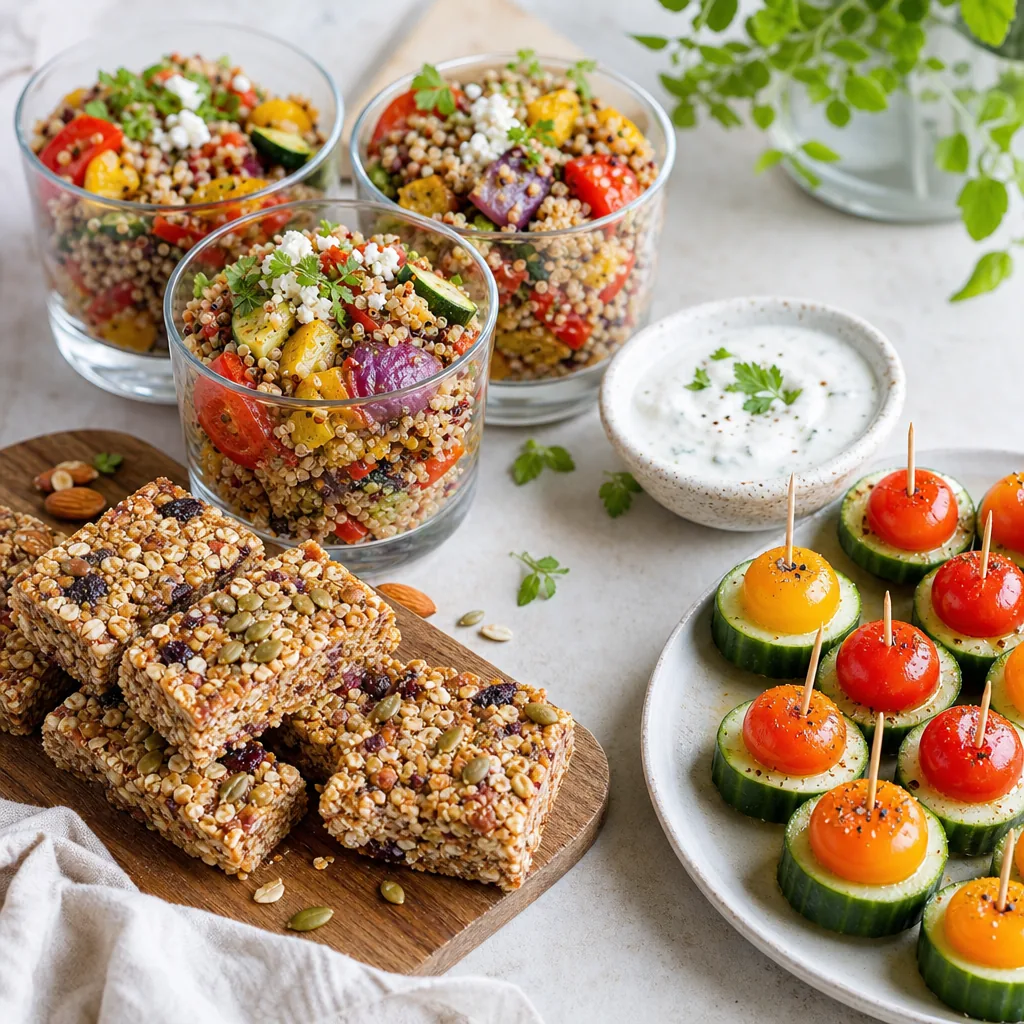 Healthy Snacks for Work: 20 Ideas That Travel Well Quinoa vegetable cups, seed bars, and cucumber tomato bites with yogurt dip