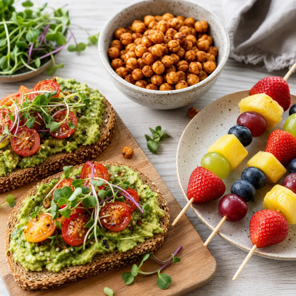 Healthy Snacks for Work: 20 Ideas That Travel Well Avocado toast, roasted chickpeas, and fruit skewers arranged on a table