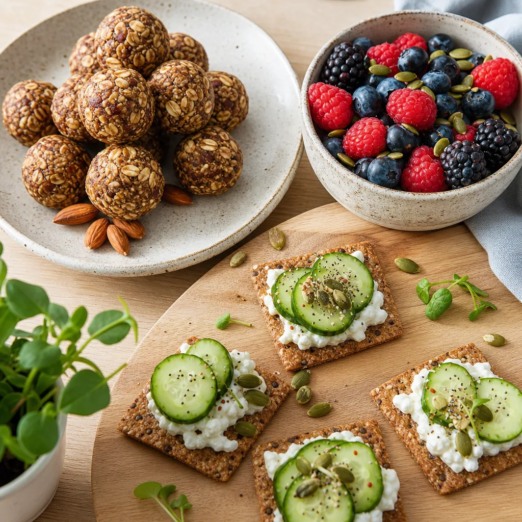 Healthy Snacks for Work: 20 Ideas That Travel Well Oat-and-nut-butter bites, berries with seeds, and cottage cheese with cucumber on wholegrain crispbread