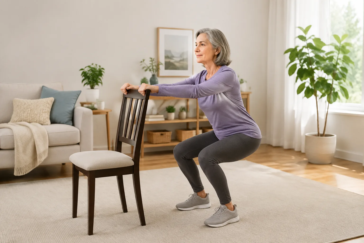 Adult doing a supported bodyweight squat beside a chair for beginner strength training at home