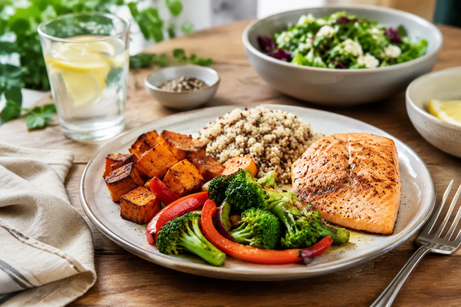 Healthy Weight Loss and Management: A Practical, Sustainable Guide Balanced home meal with vegetables, whole grains and a protein food