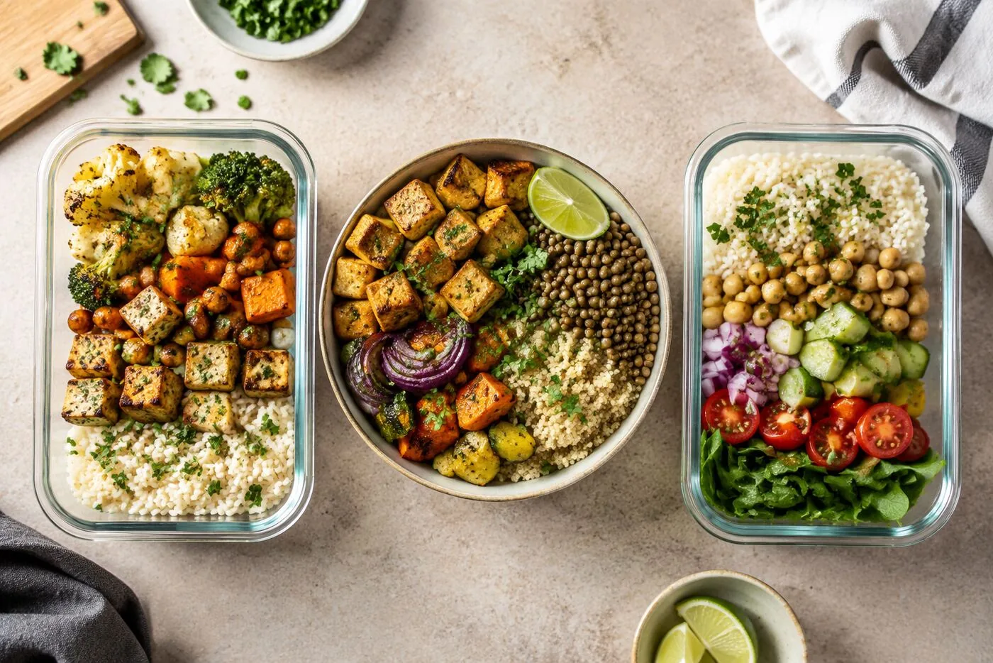 Colourful vegan meal prep bowls with tofu, chickpeas, lentils and roasted vegetables